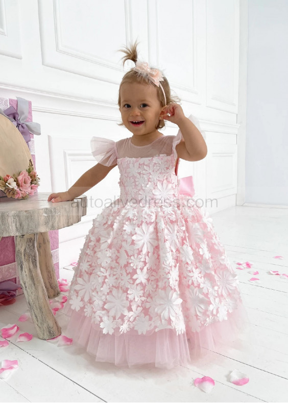 White Floral Appliques Pink Tulle V Back Flower Girl Dress White Floral Appliques Pink Tulle V Back Flower Girl Dress